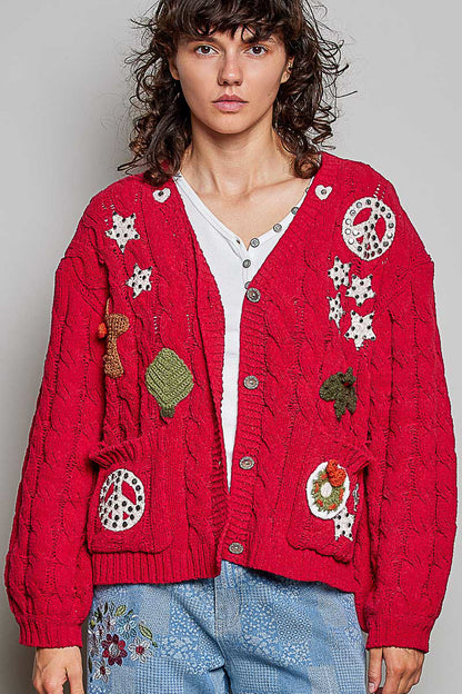 POL Red Christmas Patch Chenille Cardigan