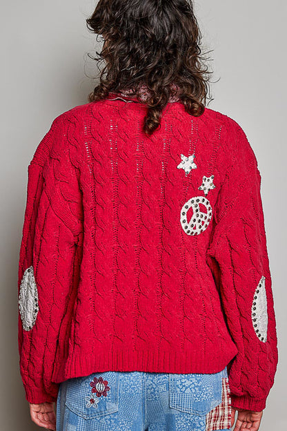 POL Red Christmas Patch Chenille Cardigan