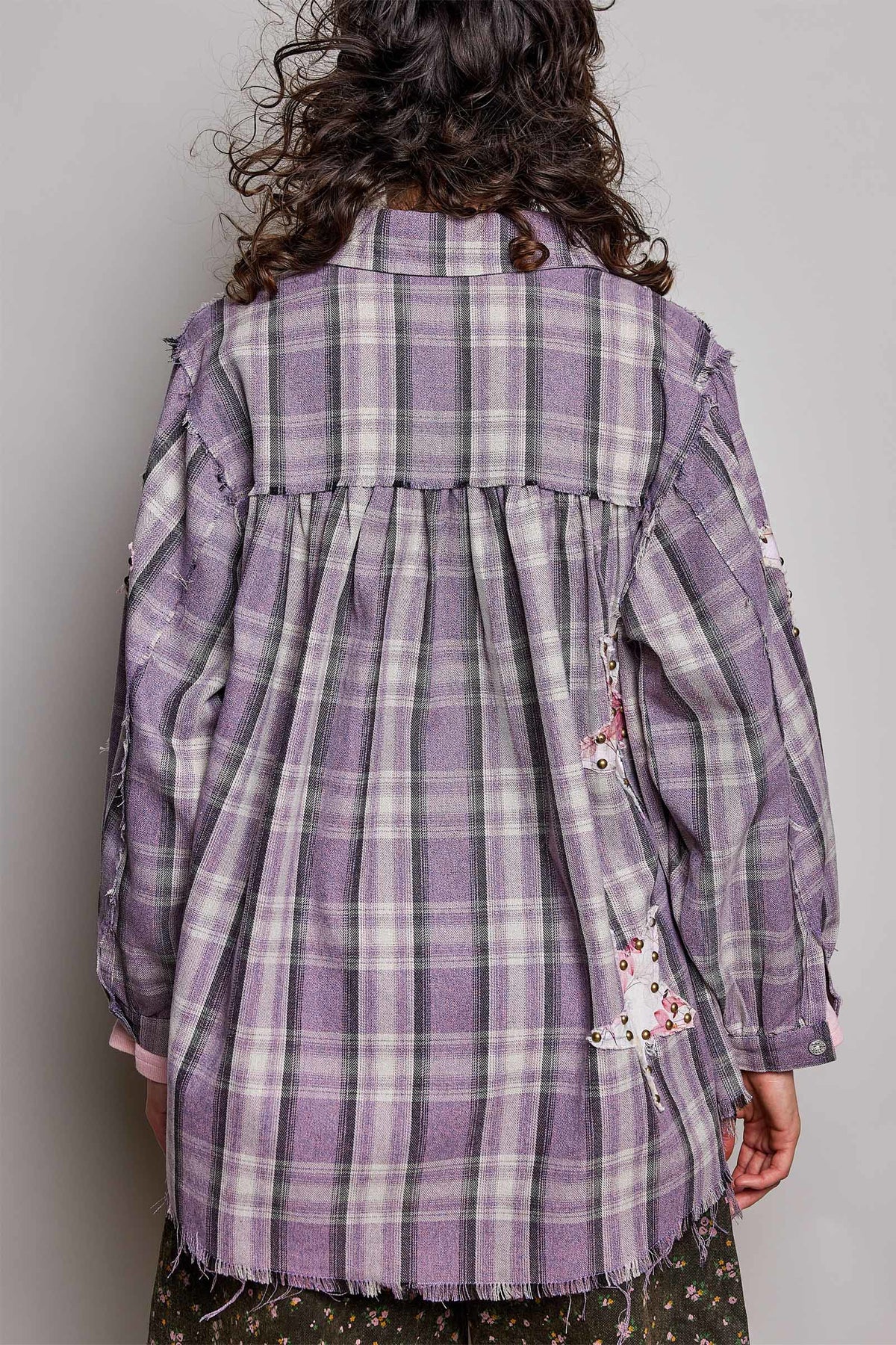 POL Purple Plaid Star Patch Shirt