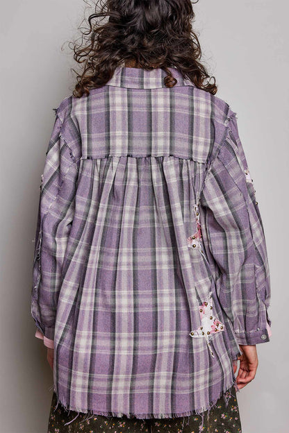 POL Purple Plaid Star Patch Shirt