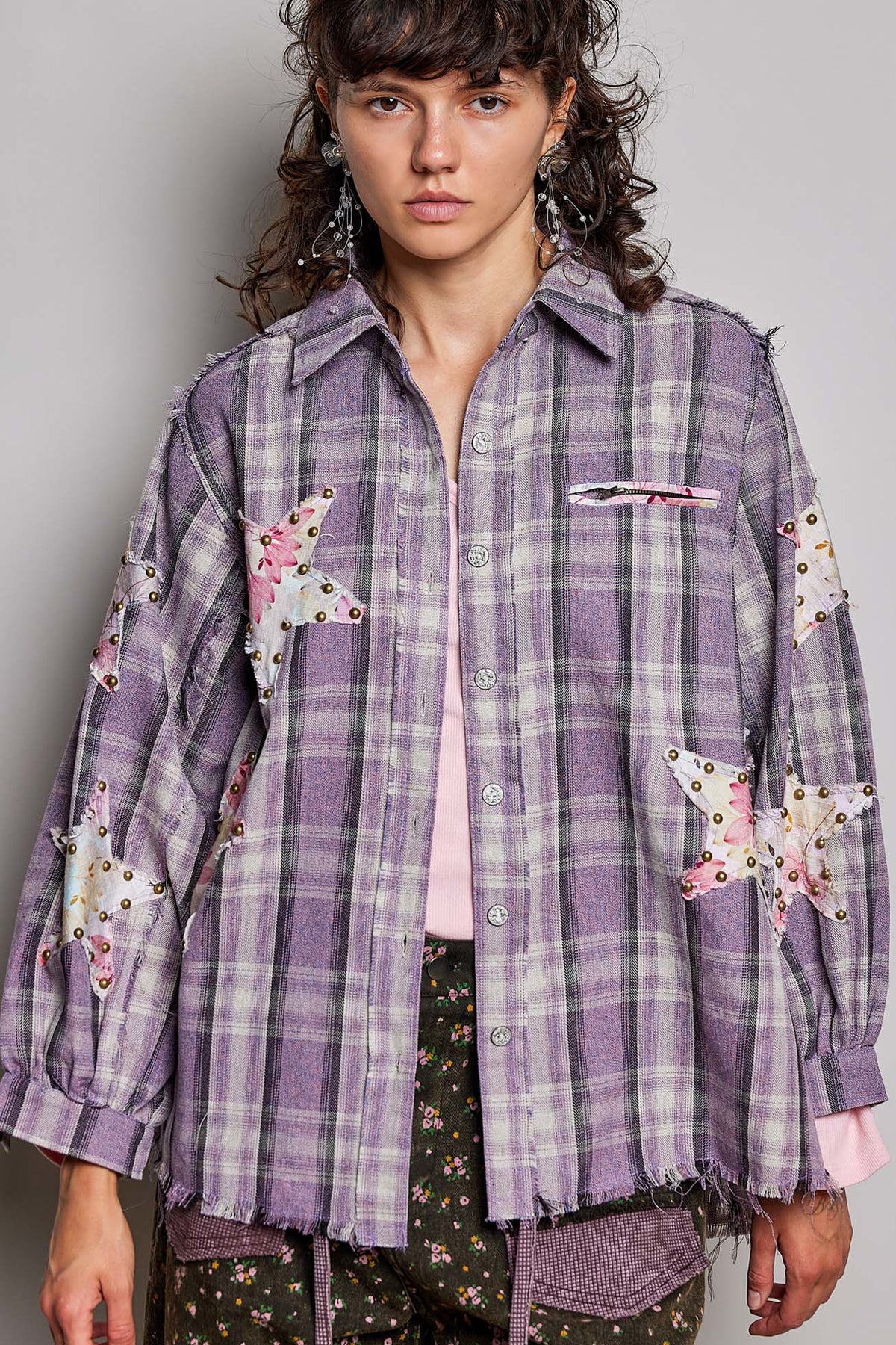 POL Purple Plaid Star Patch Shirt