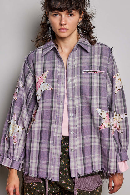 POL Purple Plaid Star Patch Shirt