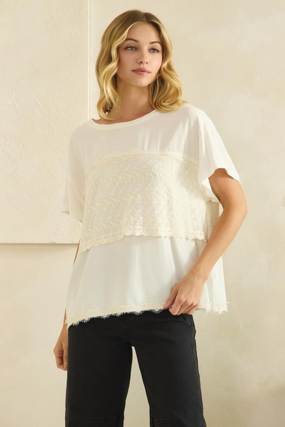 Oli and Hali Washed Embroidered Lace Mix Top