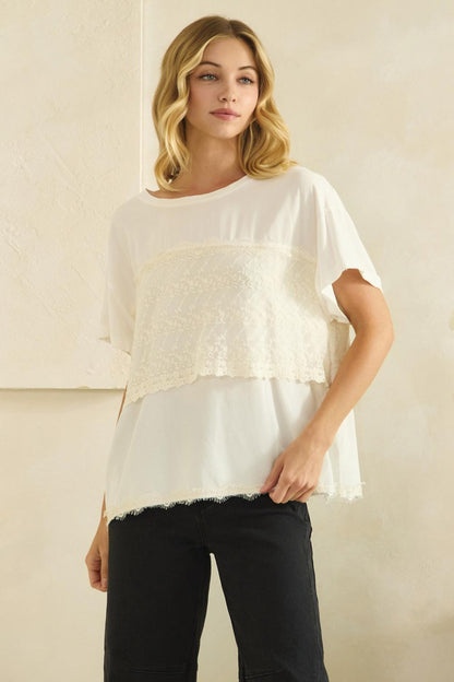 Oli and Hali Washed Embroidered Lace Mix Top