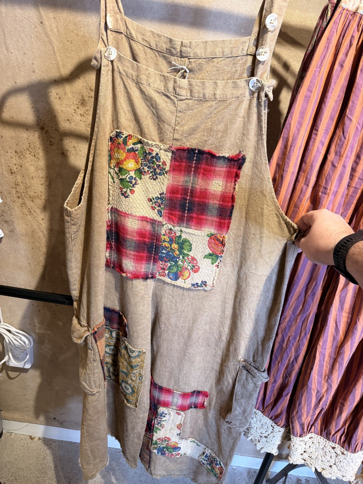 Jaded Gypsy Secret Meadows Overalls in Patchwork - washed linen overalls with vintage floral and plaid patchwork detail