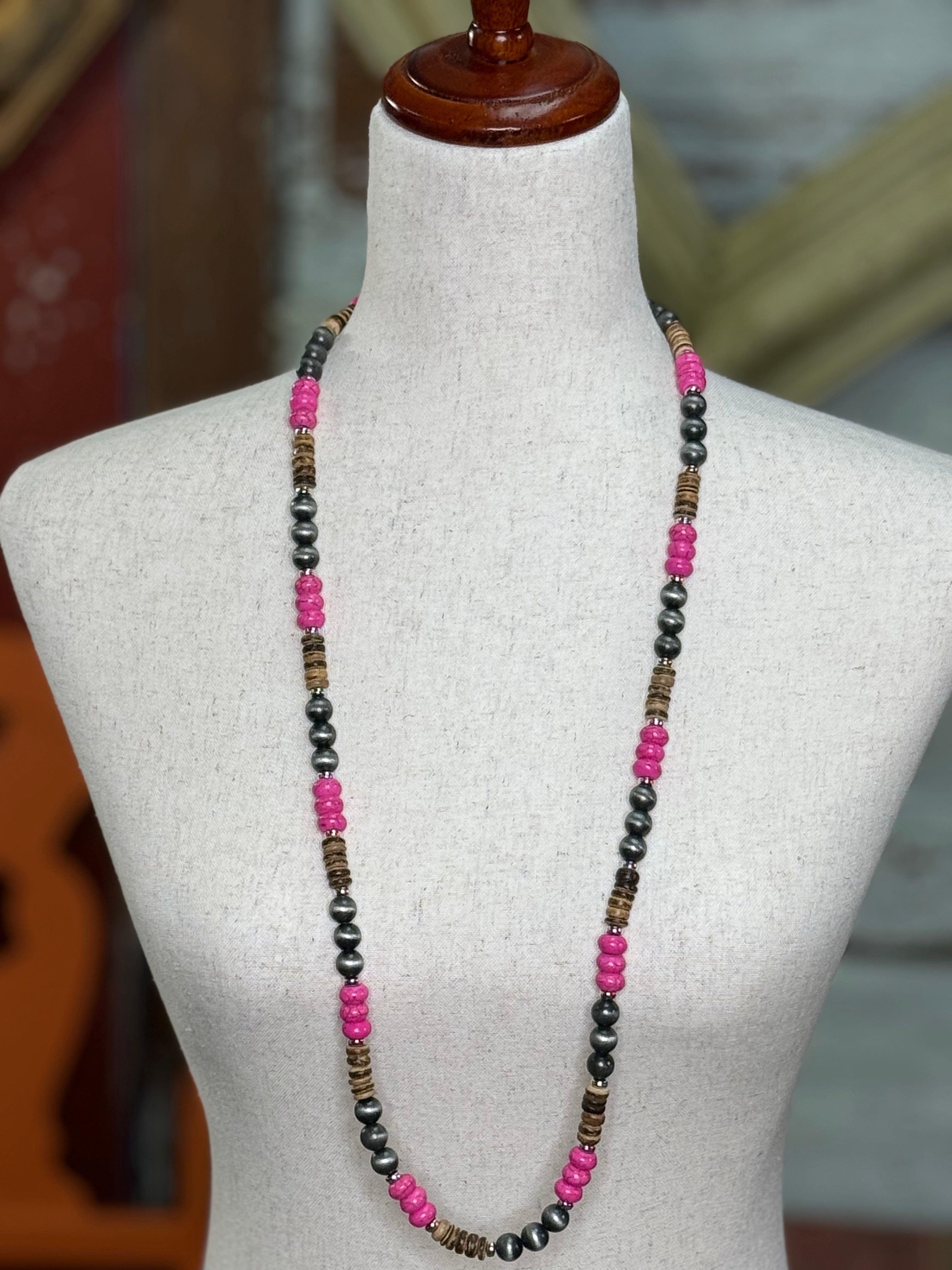 PINK SILVER BROWN BEAD NECKLACE