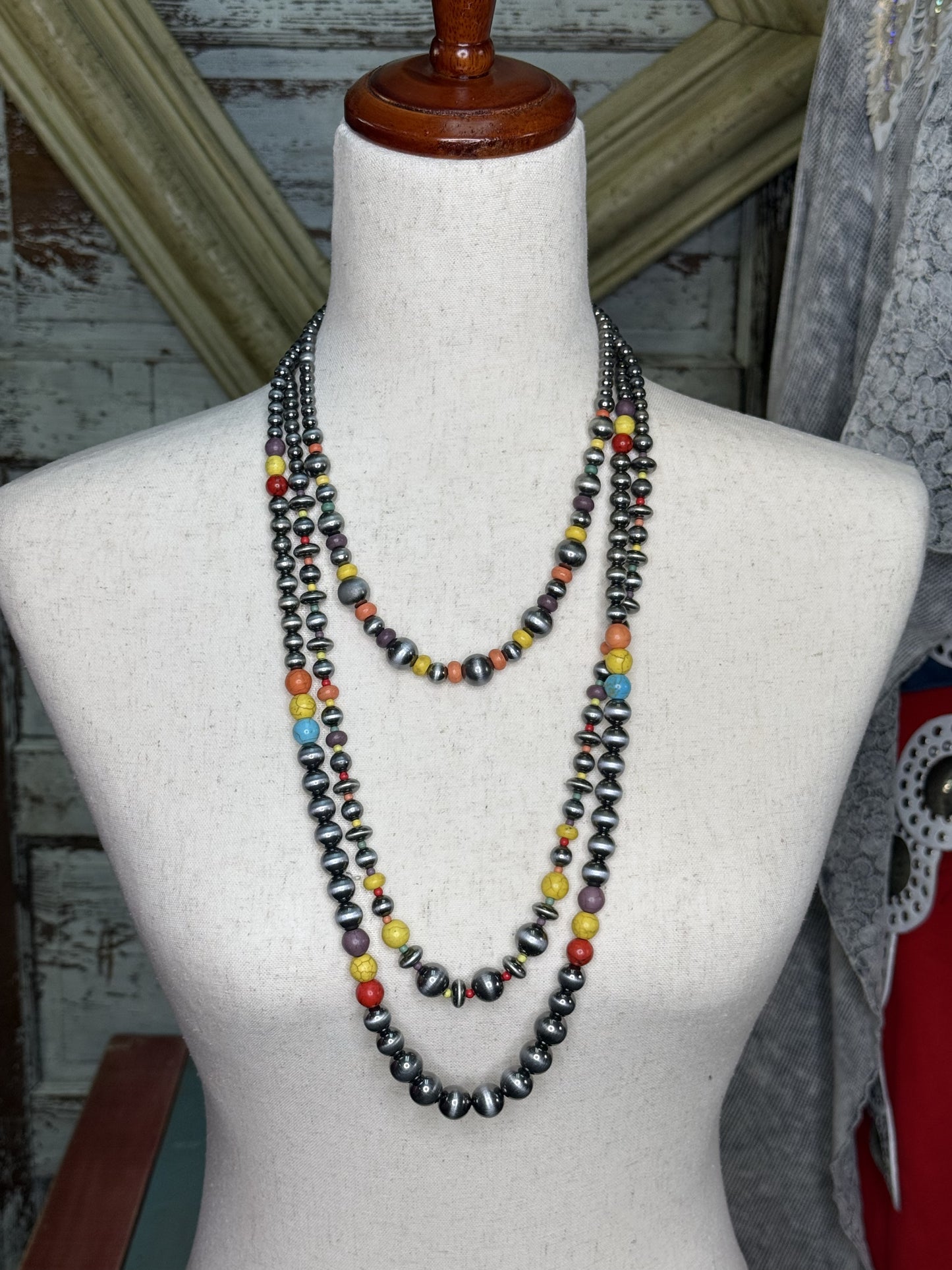 Multi silver Indian bead 3 strand necklace