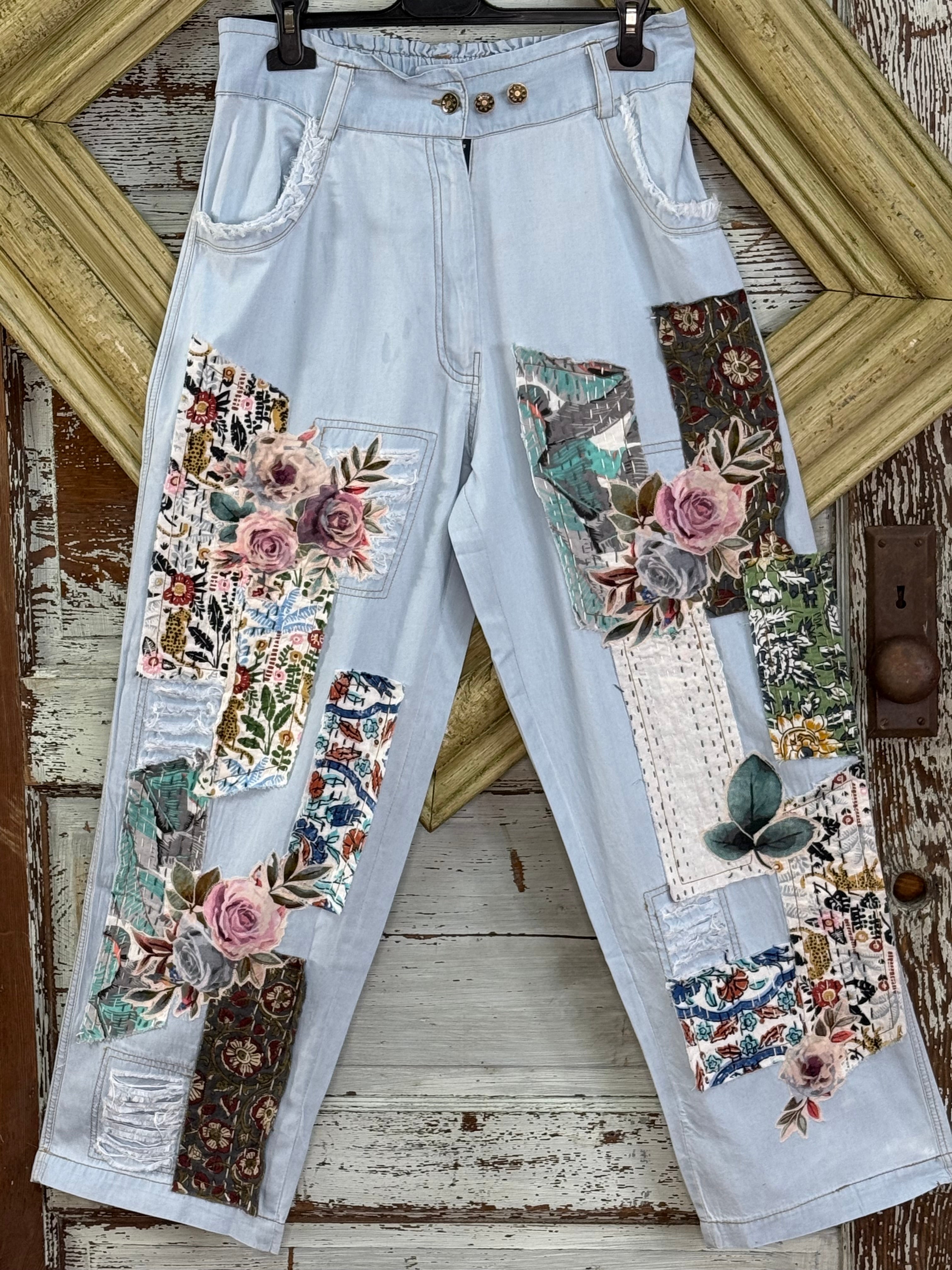 Paper Lace Denim Pants with Multiple Applique Pant