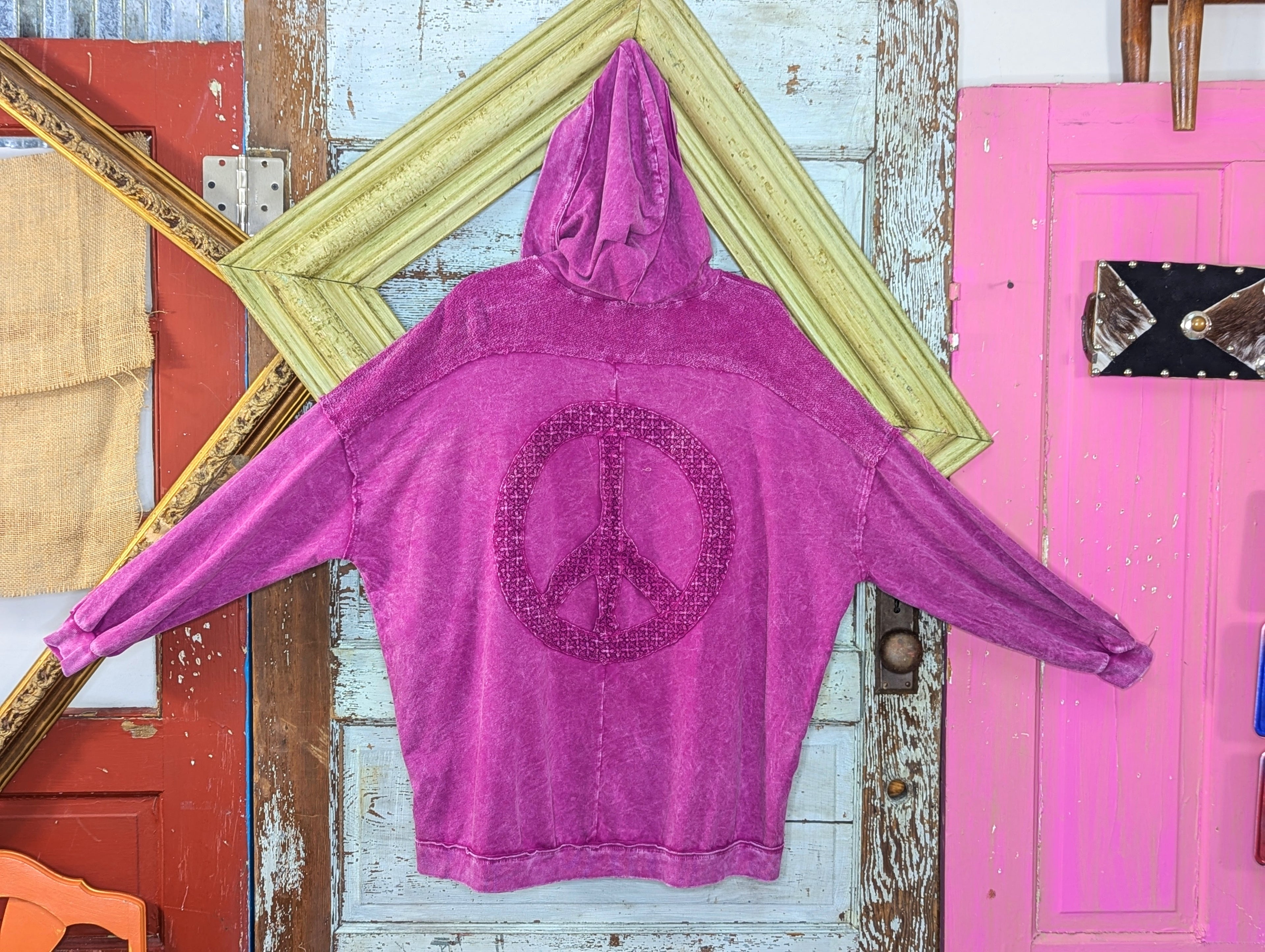 JHer  MIneral wash open terry Cardigan with peace sign