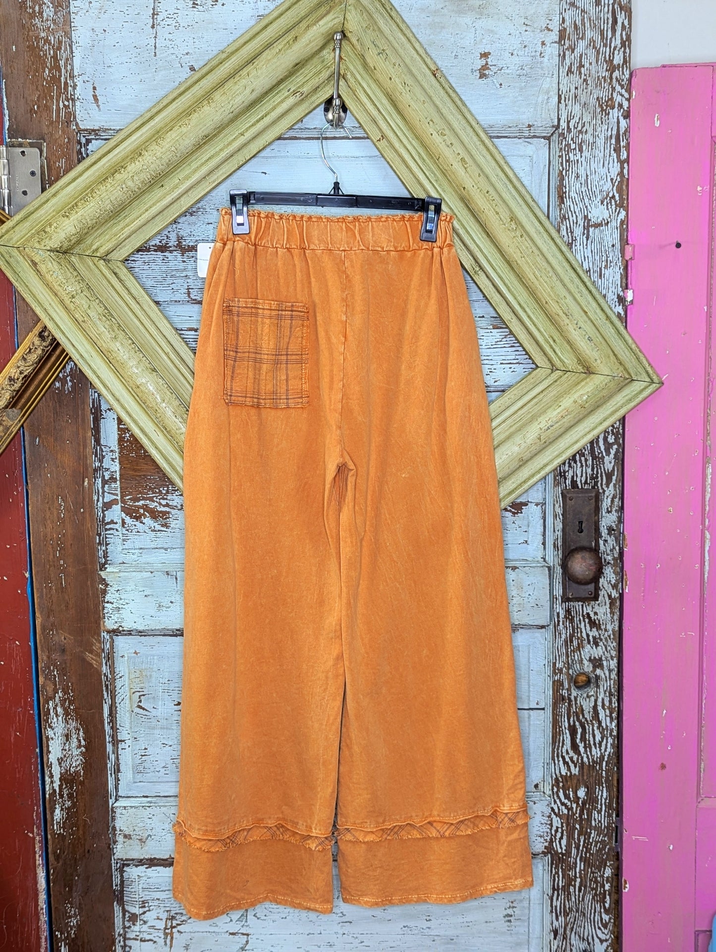 JHer Butter Scotch MIneral wash plaid outseam wide leg pants