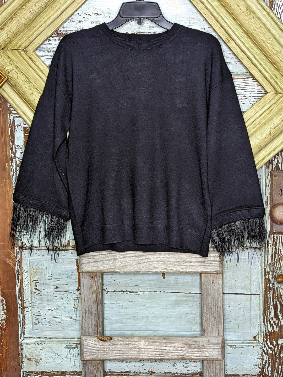 Crew Neck Sweater with removable Feather Cuff Trim