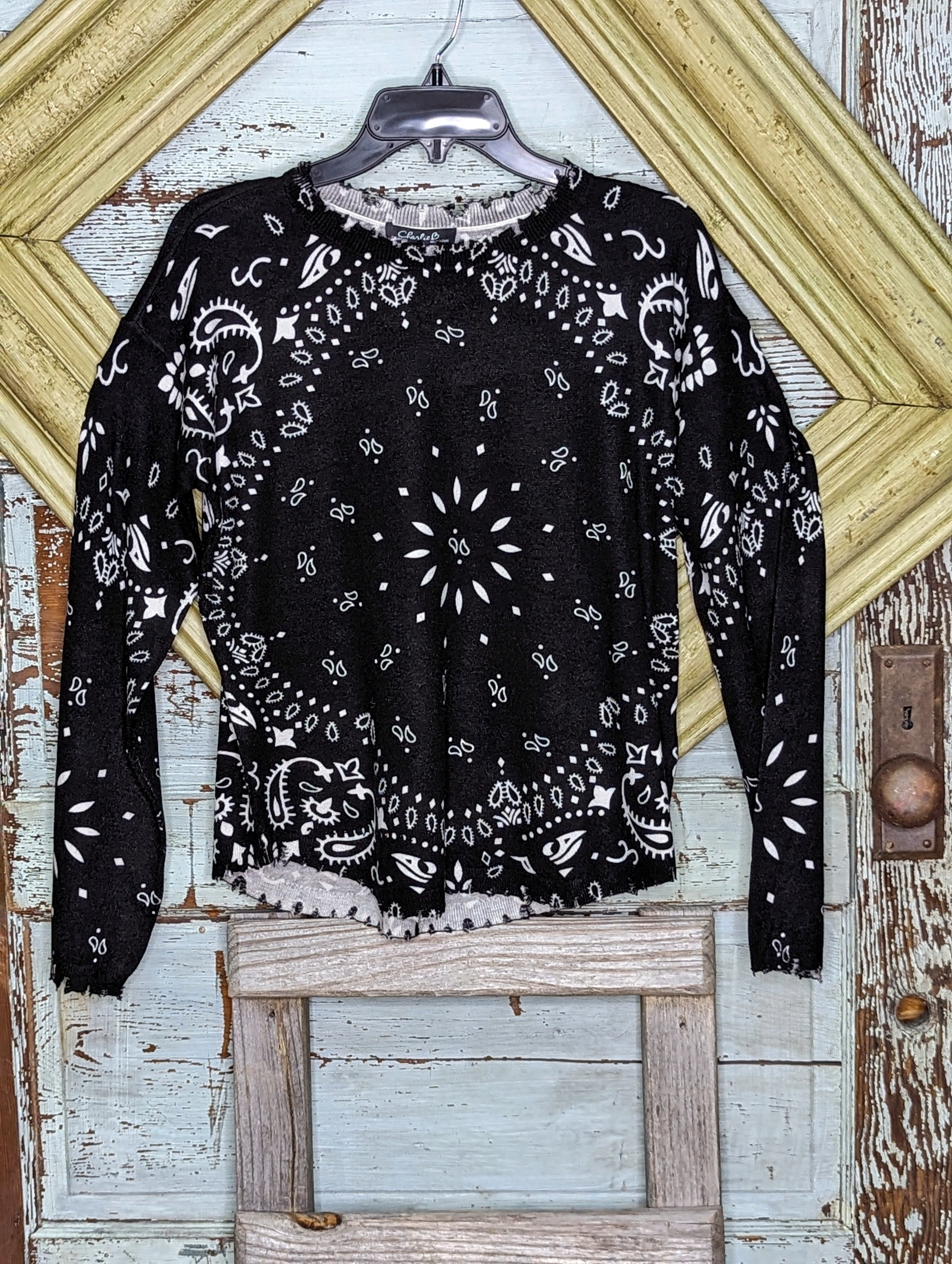 Bandana Printed Frayed Hem Sweater