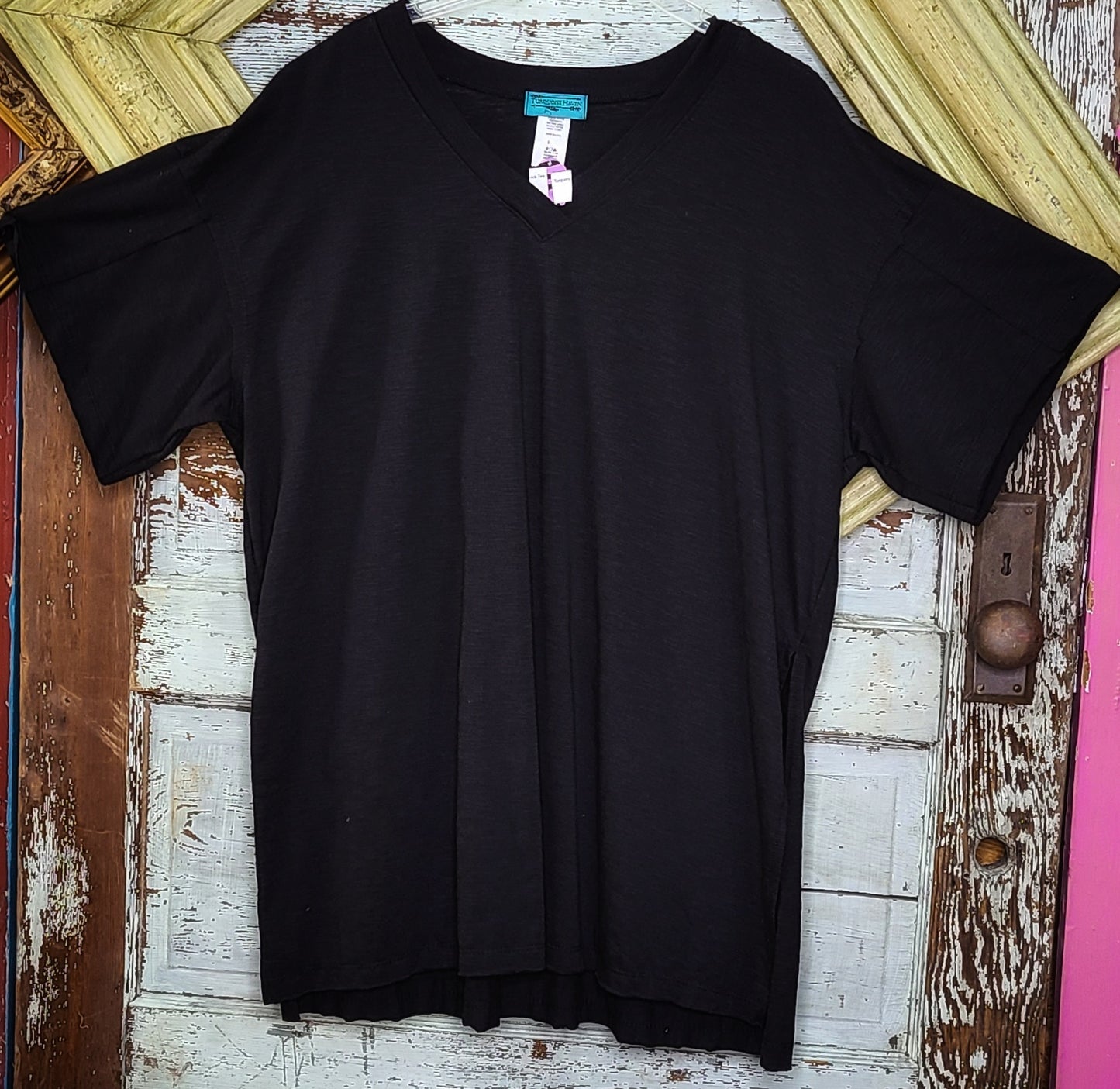 Turquoise Haven basic black V-neck Tee