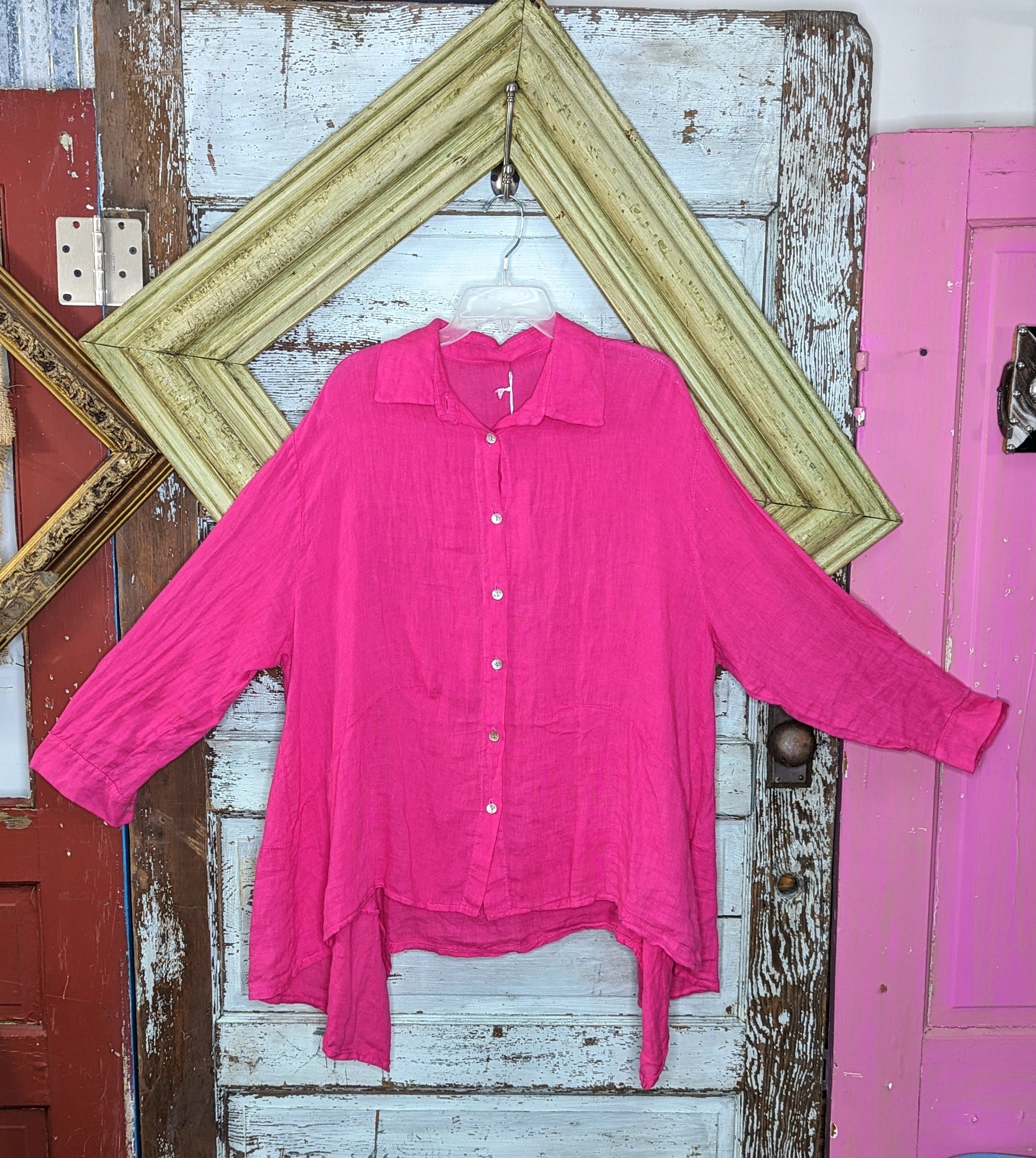 Fuschia Button Down Linen Top