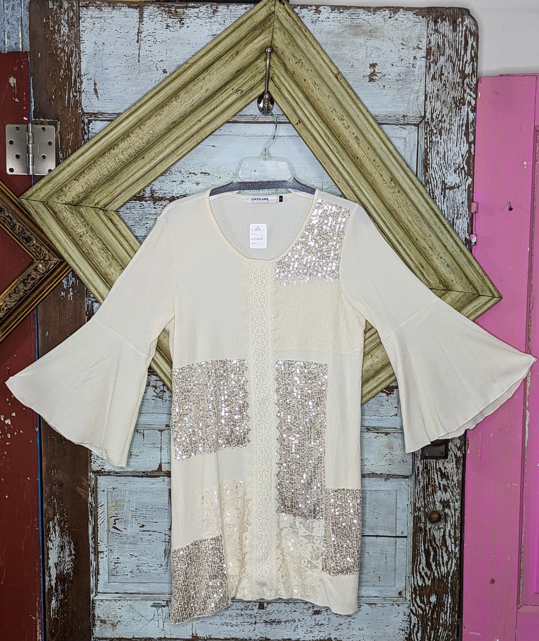 Beige Sleeved Tunic Dress with patches of Lace and Sequins