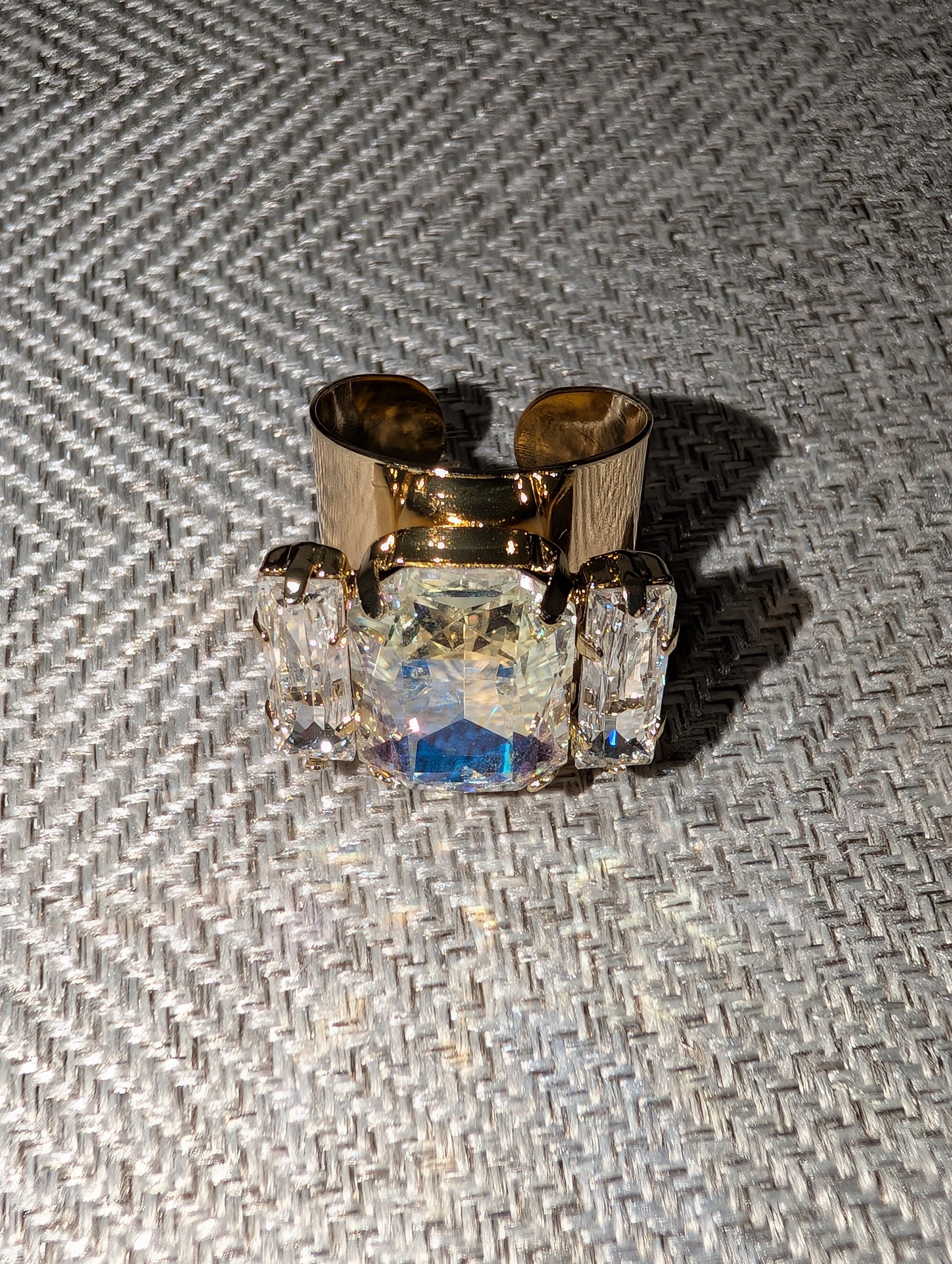 Pre Order WaFa Crystal 3-Stone Cuff Ring — wide gold cuff ring with large clear crystal center flanked by two baguette crystals