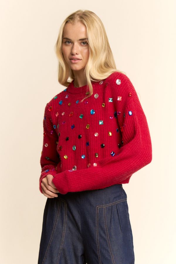 Red jewel embellished chunky knit sweater front view