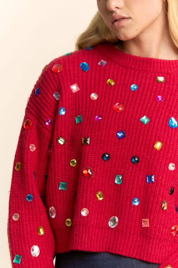 Nude jewel embellished chunky knit sweater back view