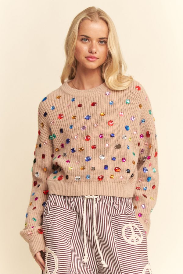 Red jewel embellished chunky knit sweater back view