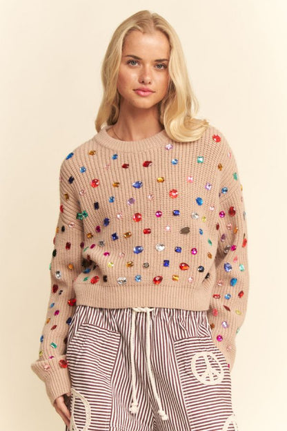 Red jewel embellished chunky knit sweater back view