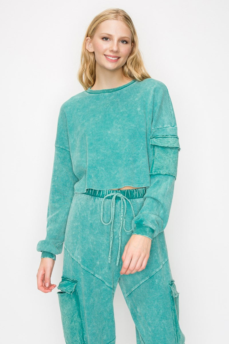 J.Her mineral washed cargo pocket top stone blue back view