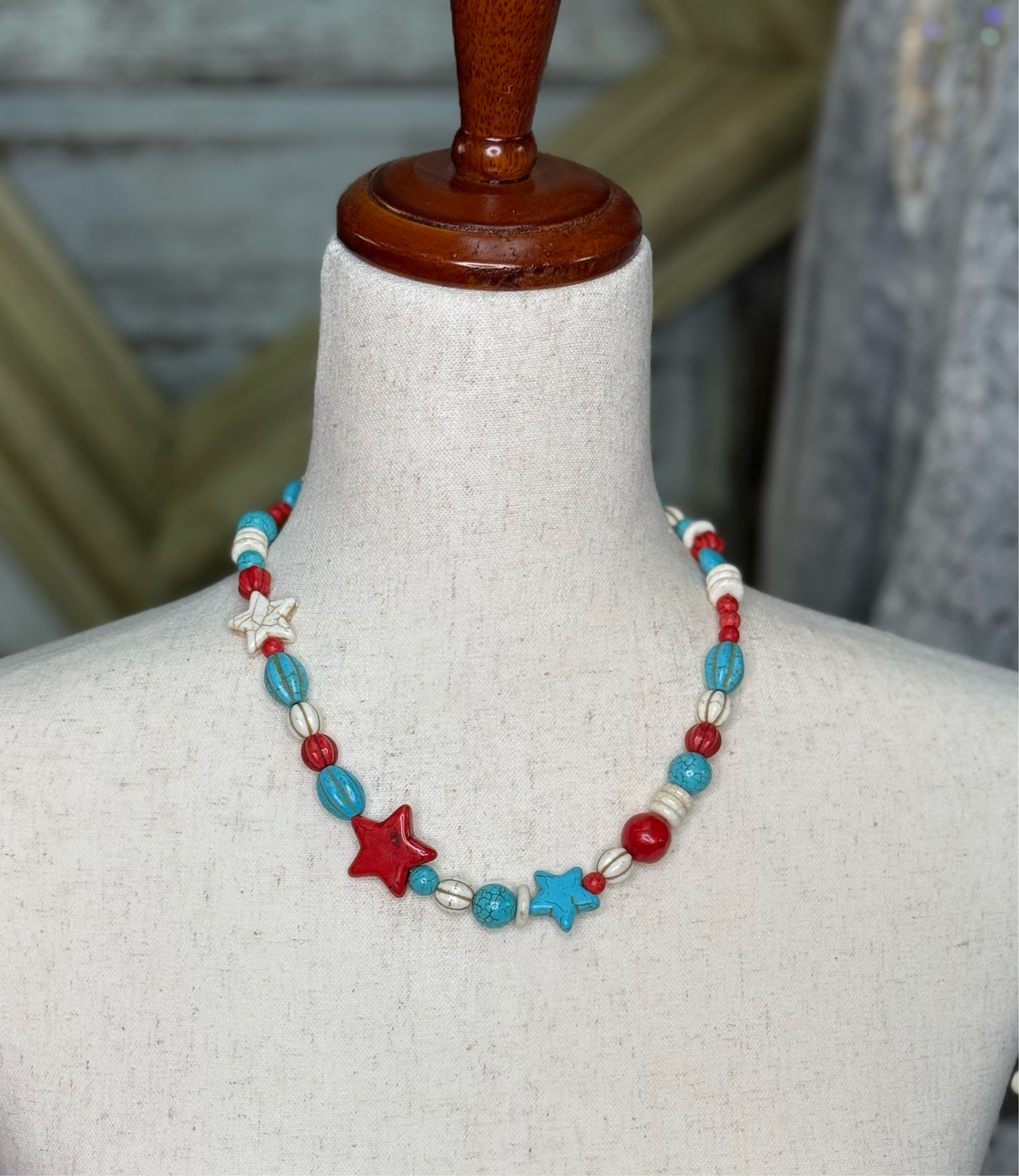 Red and white and blue beads necklace
