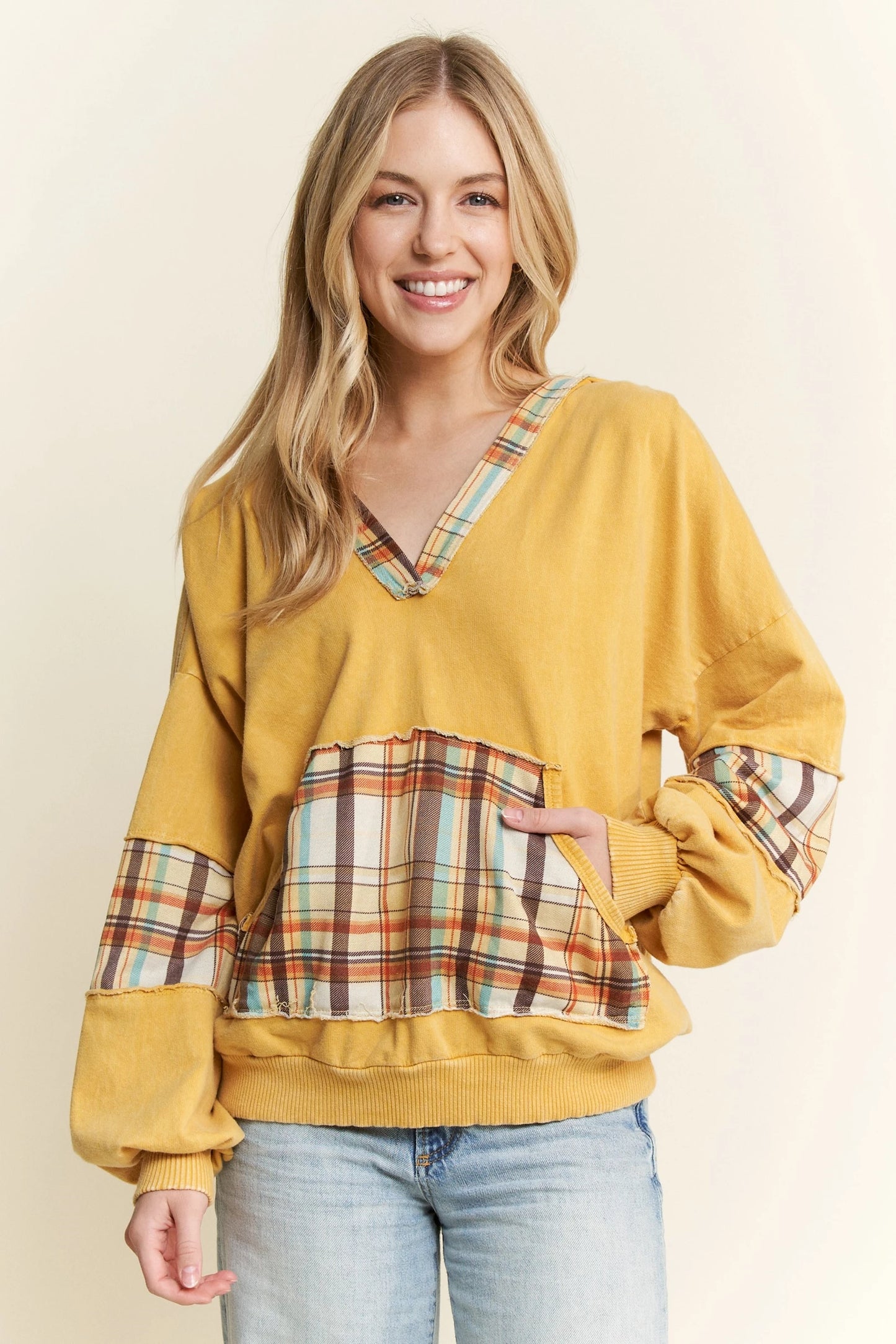 J.Her mustard mineral wash plaid kangaroo pocket hoodie front view