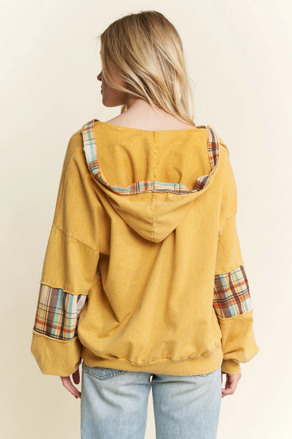 J.Her mustard mineral wash plaid kangaroo pocket hoodie back view