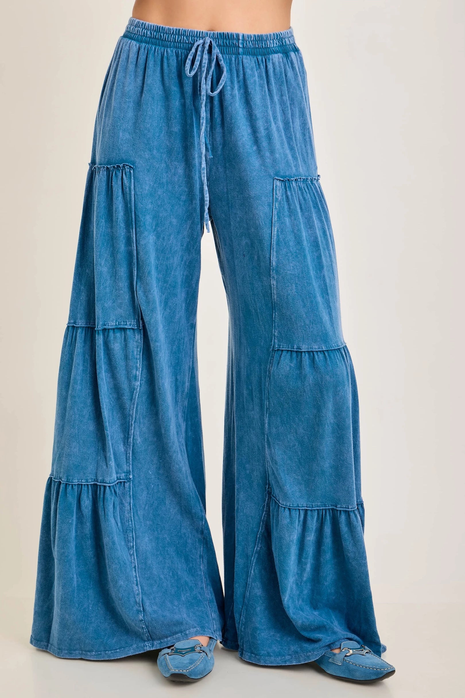 J.Her Slate Blue Mineral Washed Tiered Wide Leg Pants - Front view with drawstring waist