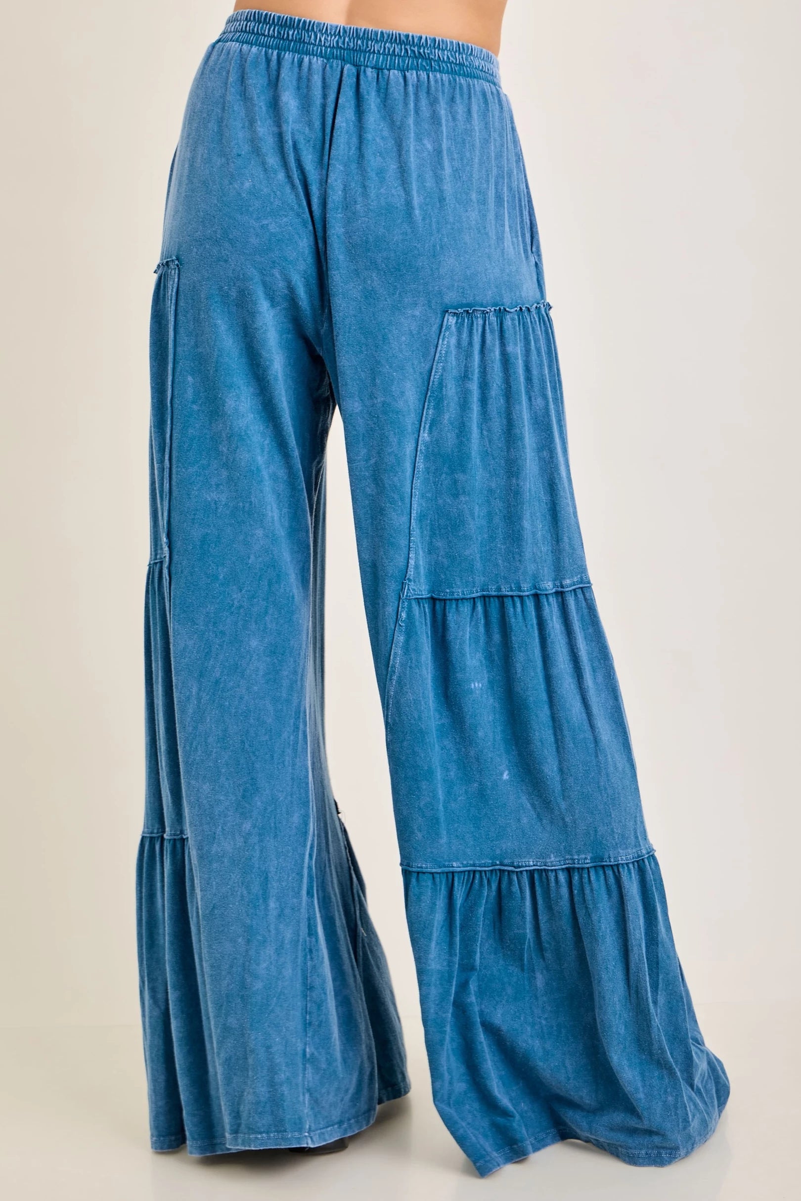 J.Her Slate Blue Mineral Washed Tiered Wide Leg Pants - Back view showing tiered ruffle panels
