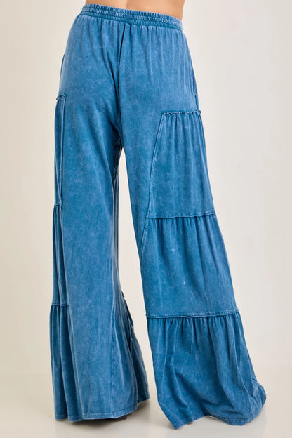 J.Her Slate Blue Mineral Washed Tiered Wide Leg Pants - Back view showing tiered ruffle panels