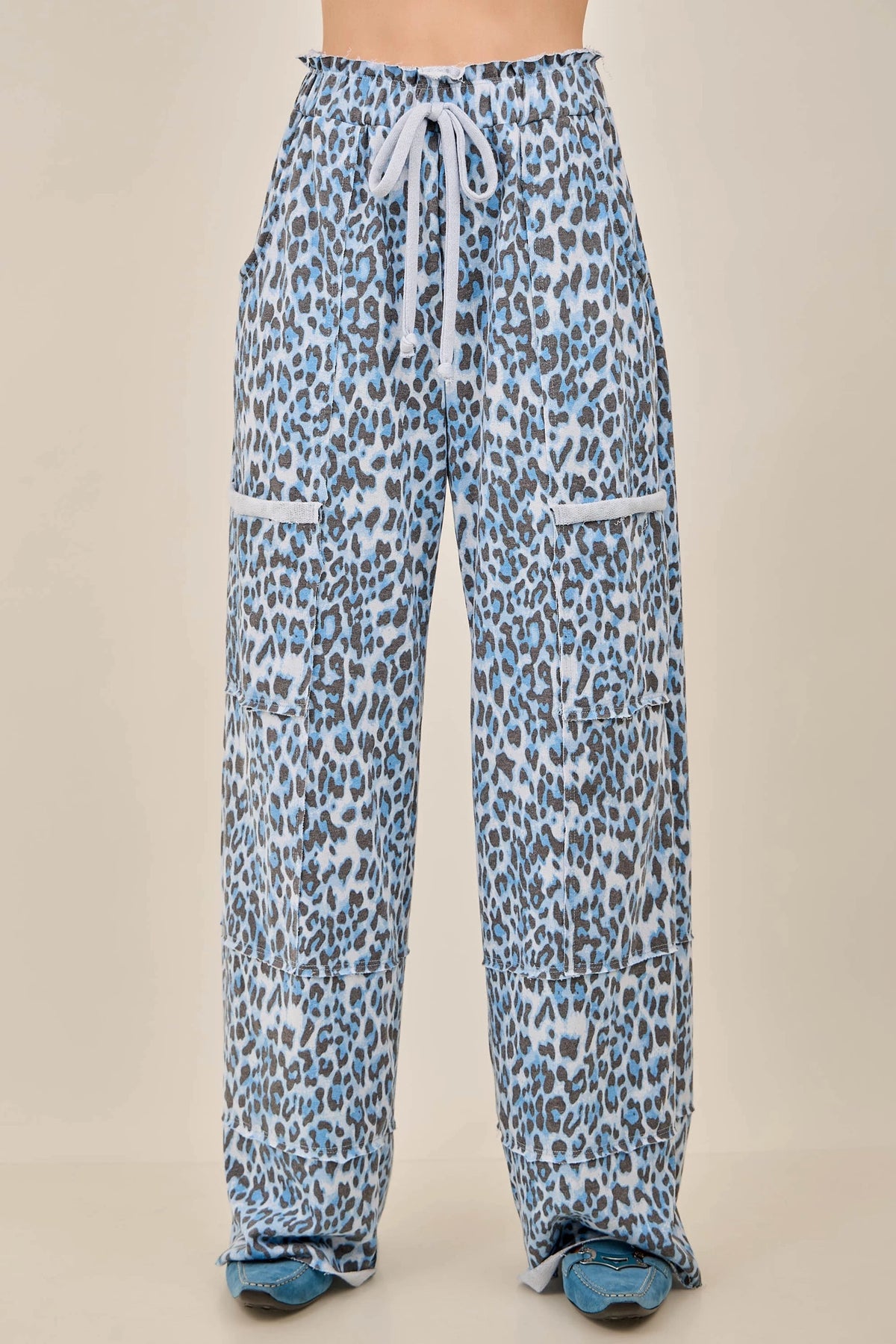 JHer Mineral Washed Blue Animal Leopard Wide Leg Pants