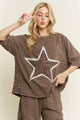 J.Her Mineral Washed Leopard Lace Star Half Sleeve Top - Front view showing star appliqué and leopard panels