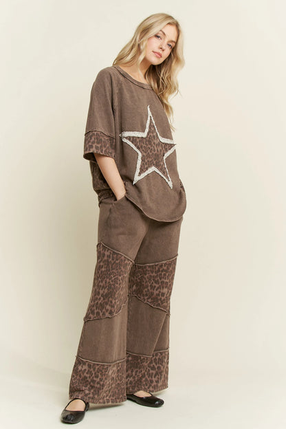 J.Her Mineral Washed Leopard Lace Star Half Sleeve Top - Full outfit view with matching leopard wide leg pants