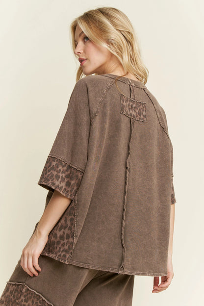 J.Her Mineral Washed Leopard Lace Star Half Sleeve Top - Back view showing leopard yoke panel and exposed seams