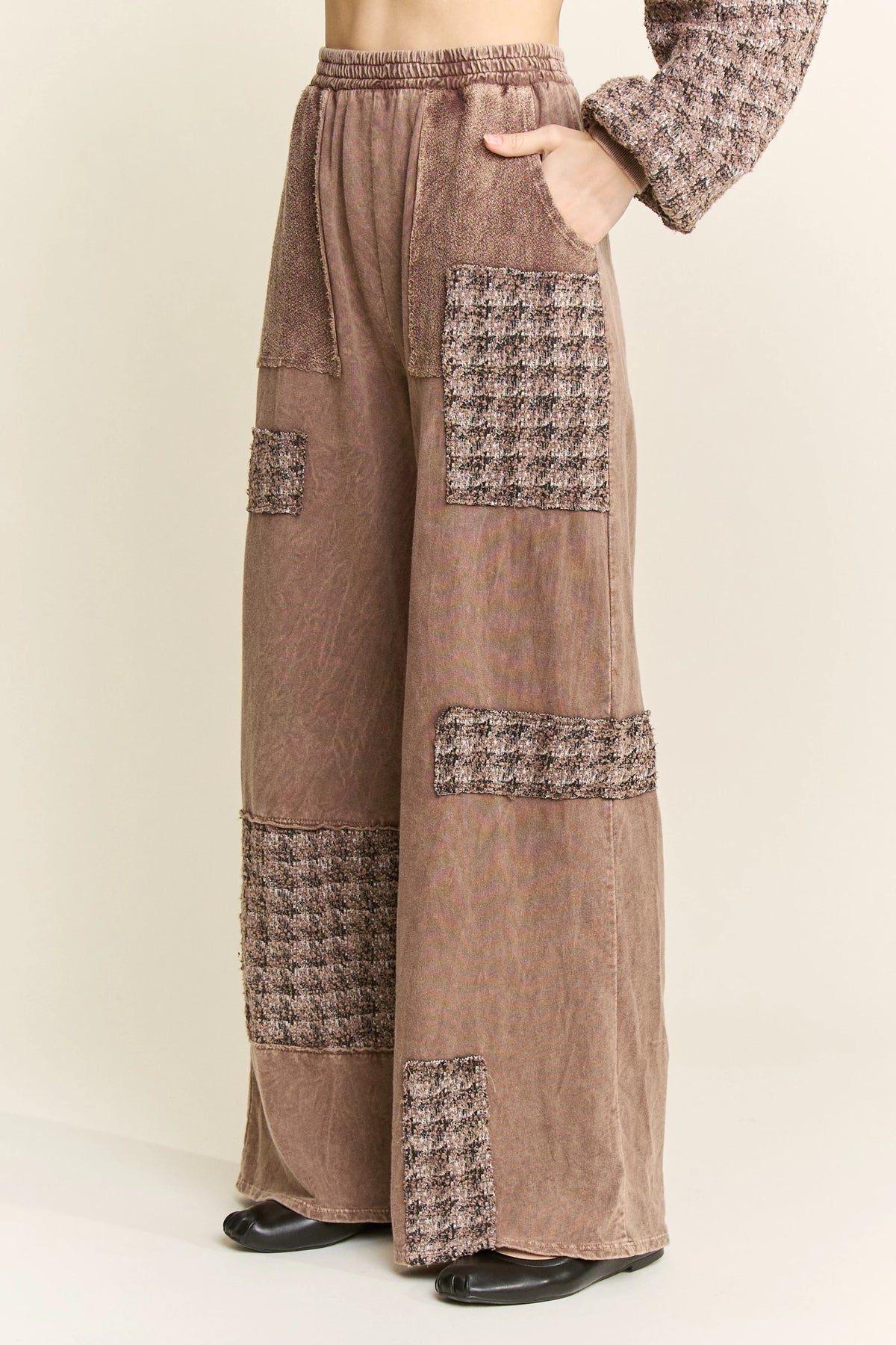 J.Her chocolate mineral washed tweed block wide leg pants side view