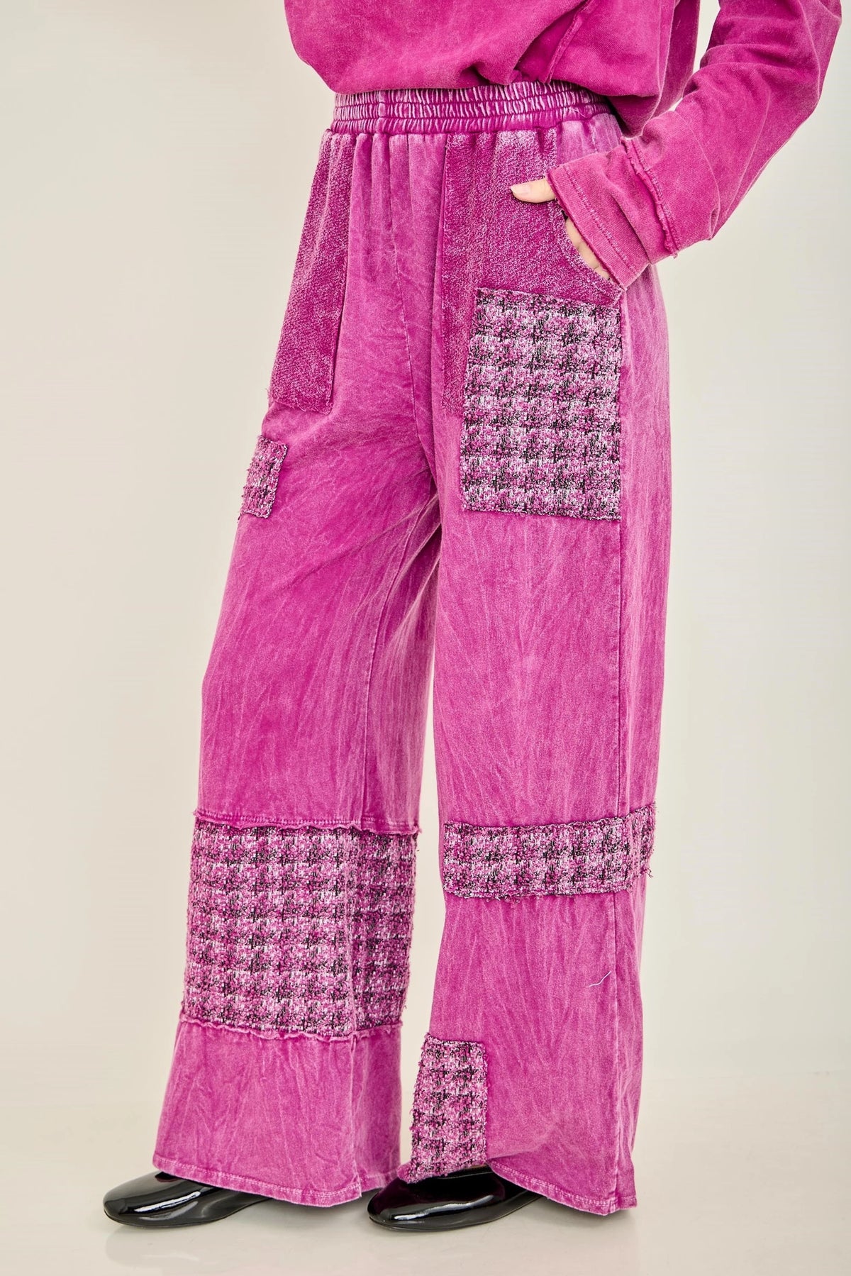 J.Her magenta mineral washed tweed block wide leg pants front view