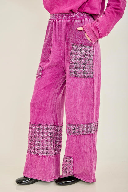 J.Her magenta mineral washed tweed block wide leg pants front view