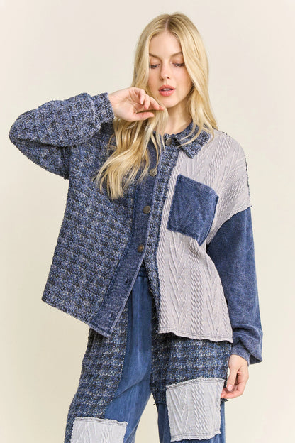 J.Her navy mineral washed tweed shacket front view full length with matching pants