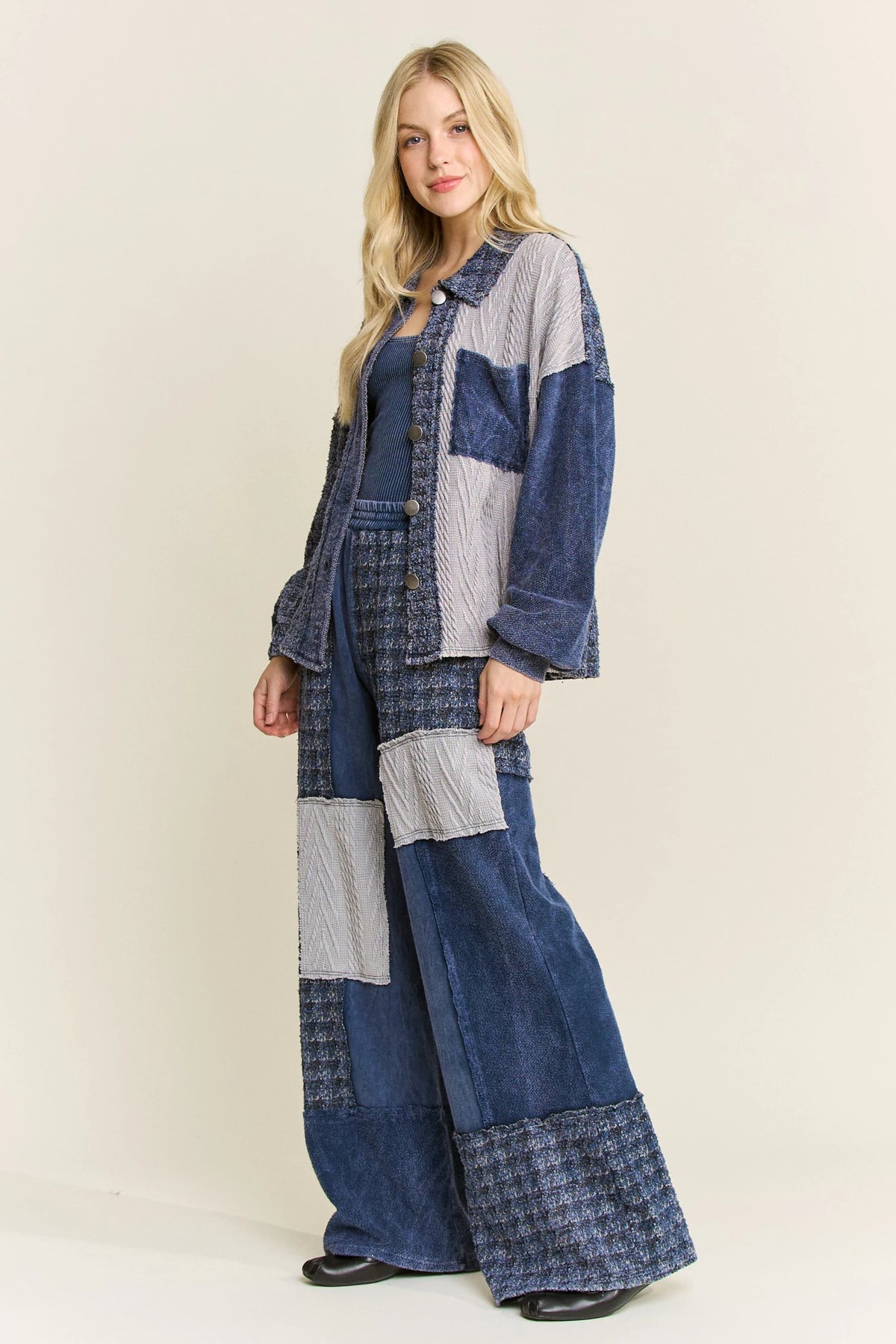 J.Her navy mineral washed tweed shacket side view