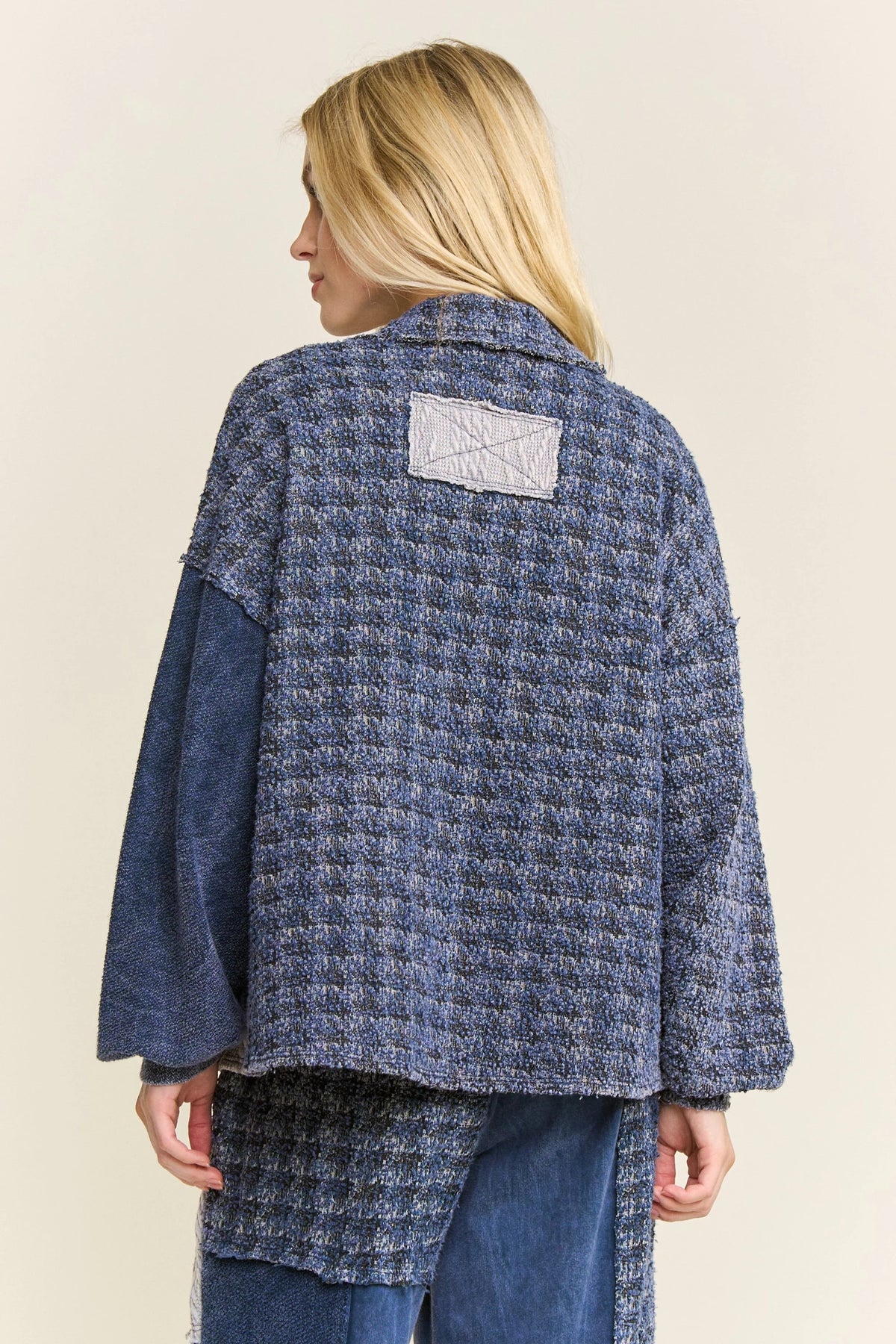 J.Her navy mineral washed tweed shacket front close up showing snap buttons and patch pocket