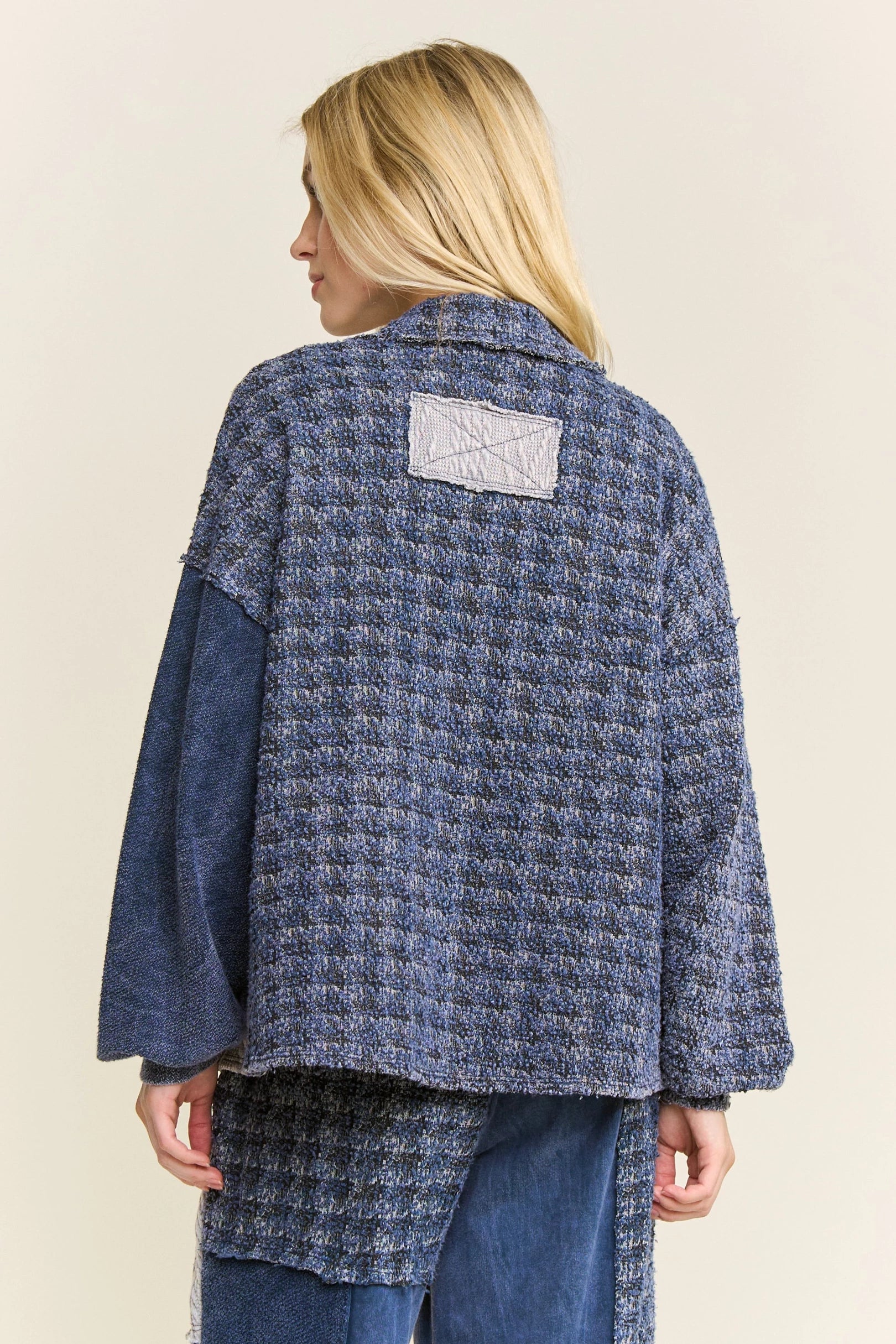 J.Her navy mineral washed tweed shacket front close up showing snap buttons and patch pocket