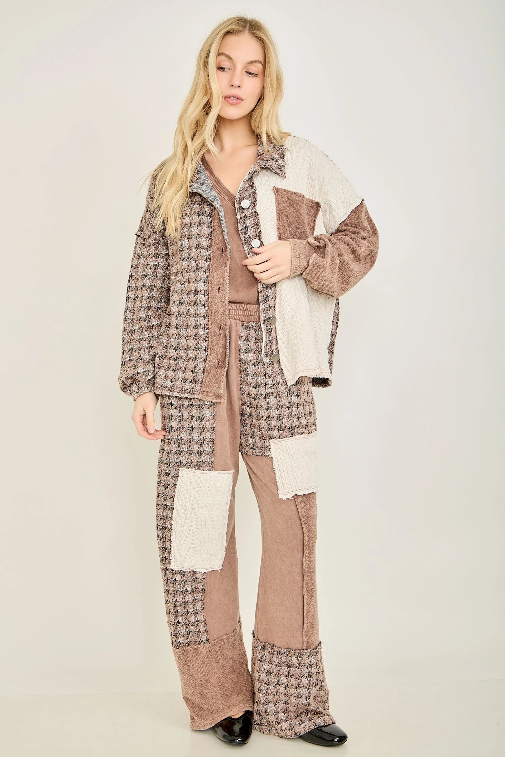 J.Her chocolate mineral washed tweed shacket back view