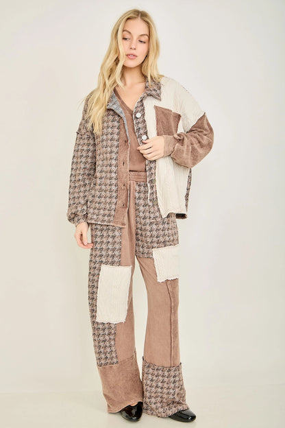 J.Her chocolate mineral washed tweed shacket back view