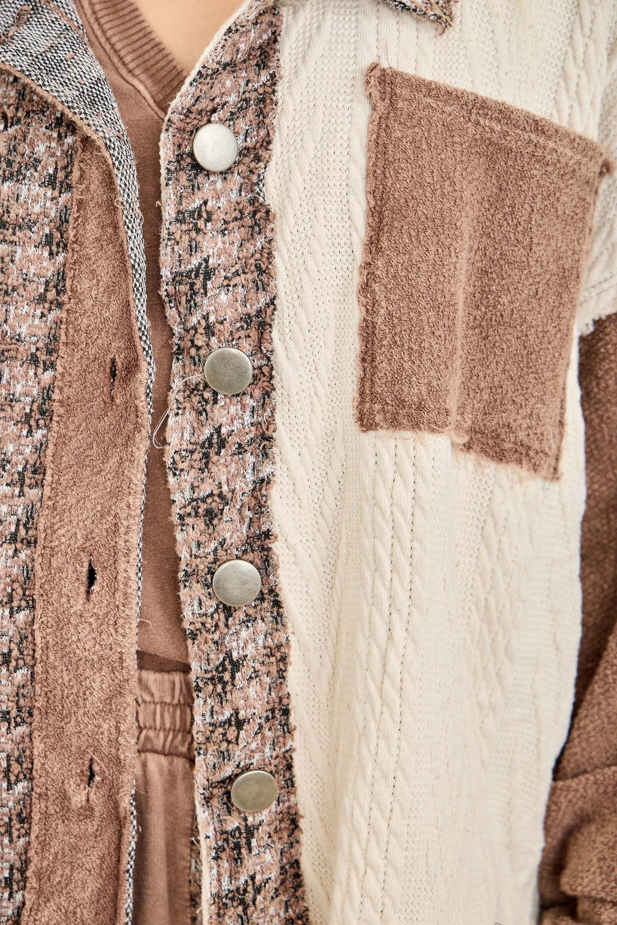 J.Her chocolate mineral washed tweed shacket detail close up showing mixed texture panels