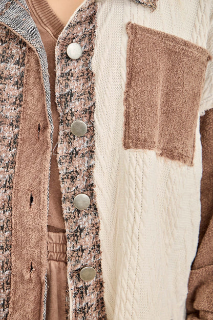 J.Her chocolate mineral washed tweed shacket detail close up showing mixed texture panels