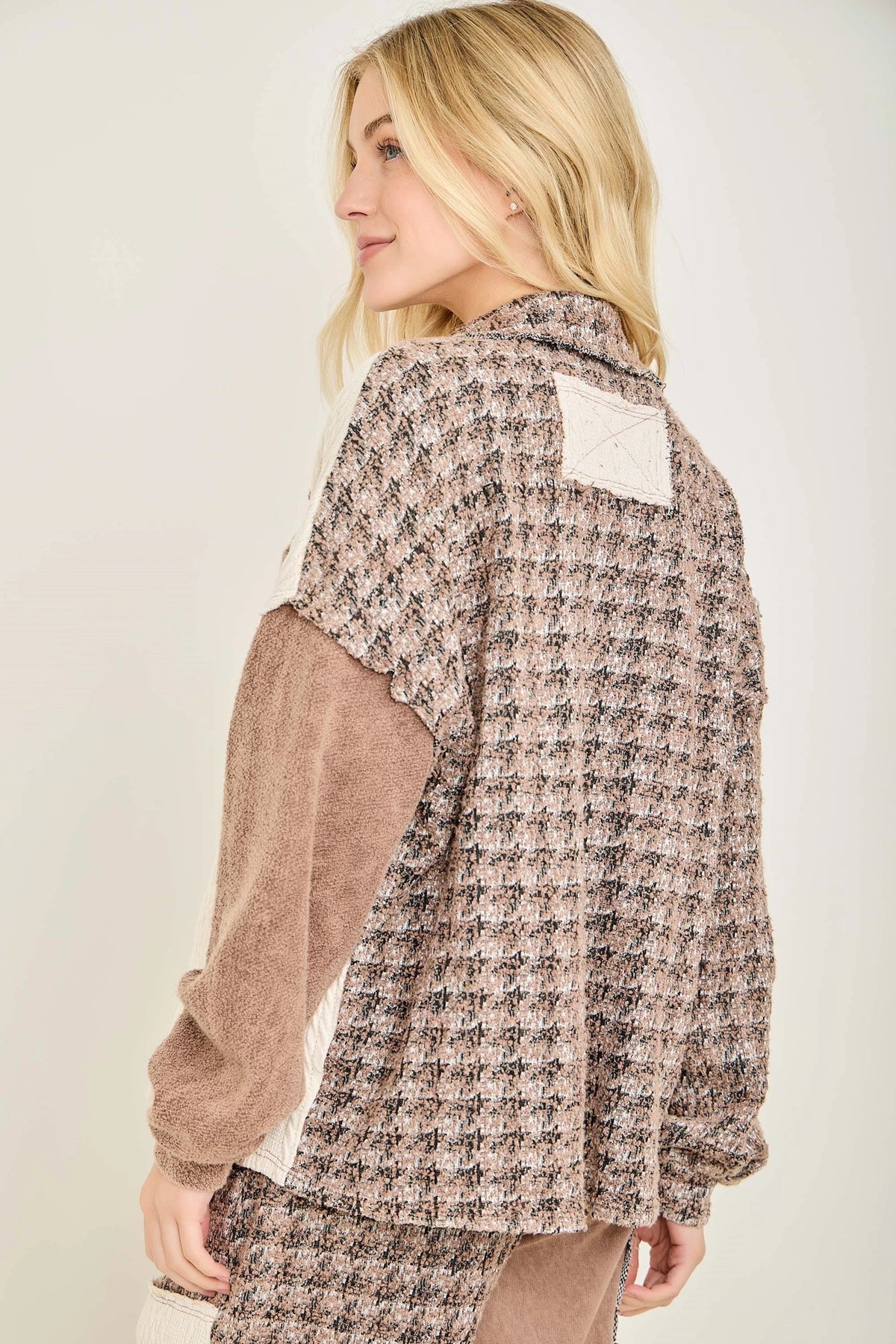 J.Her chocolate mineral washed tweed shacket front view full length with matching pants