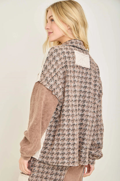 J.Her chocolate mineral washed tweed shacket front view full length with matching pants