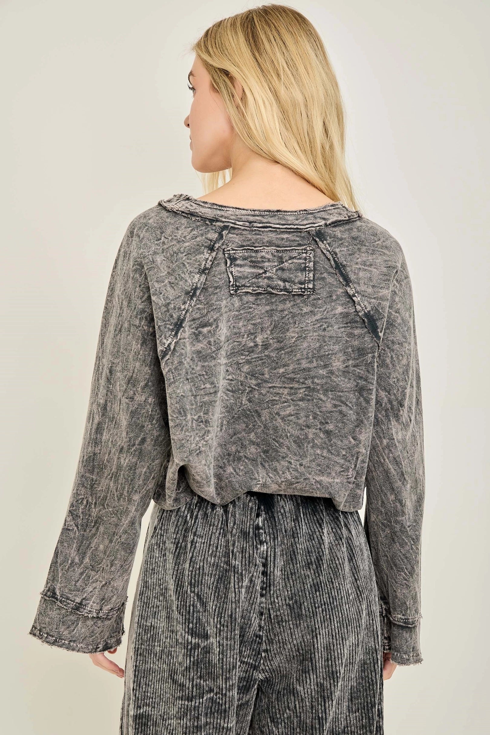 J.Her Mineral Washed Everyday Cotton V-Neck Raglan T-Shirt in Washed Black - Back view showing raglan seams and yoke patch