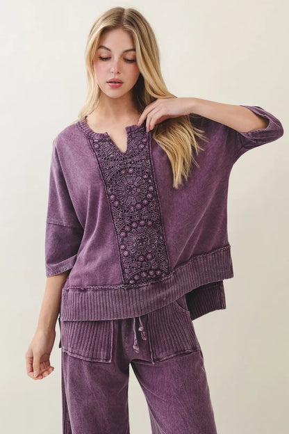 Jher Mineral Washed Boho Trim V neck top